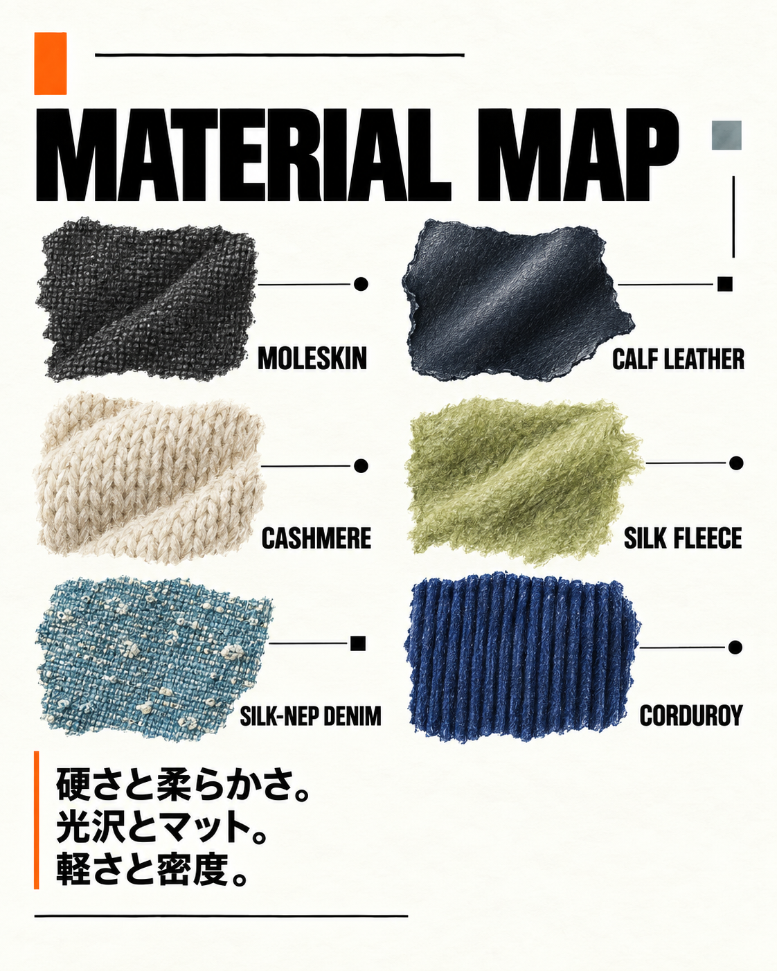 AURALEE AW2026で使われるモールスキン、カーフレザー、カシミヤ、シルクフリース、シルクネップデニム、コーデュロイを整理したAYTHの素材マップ