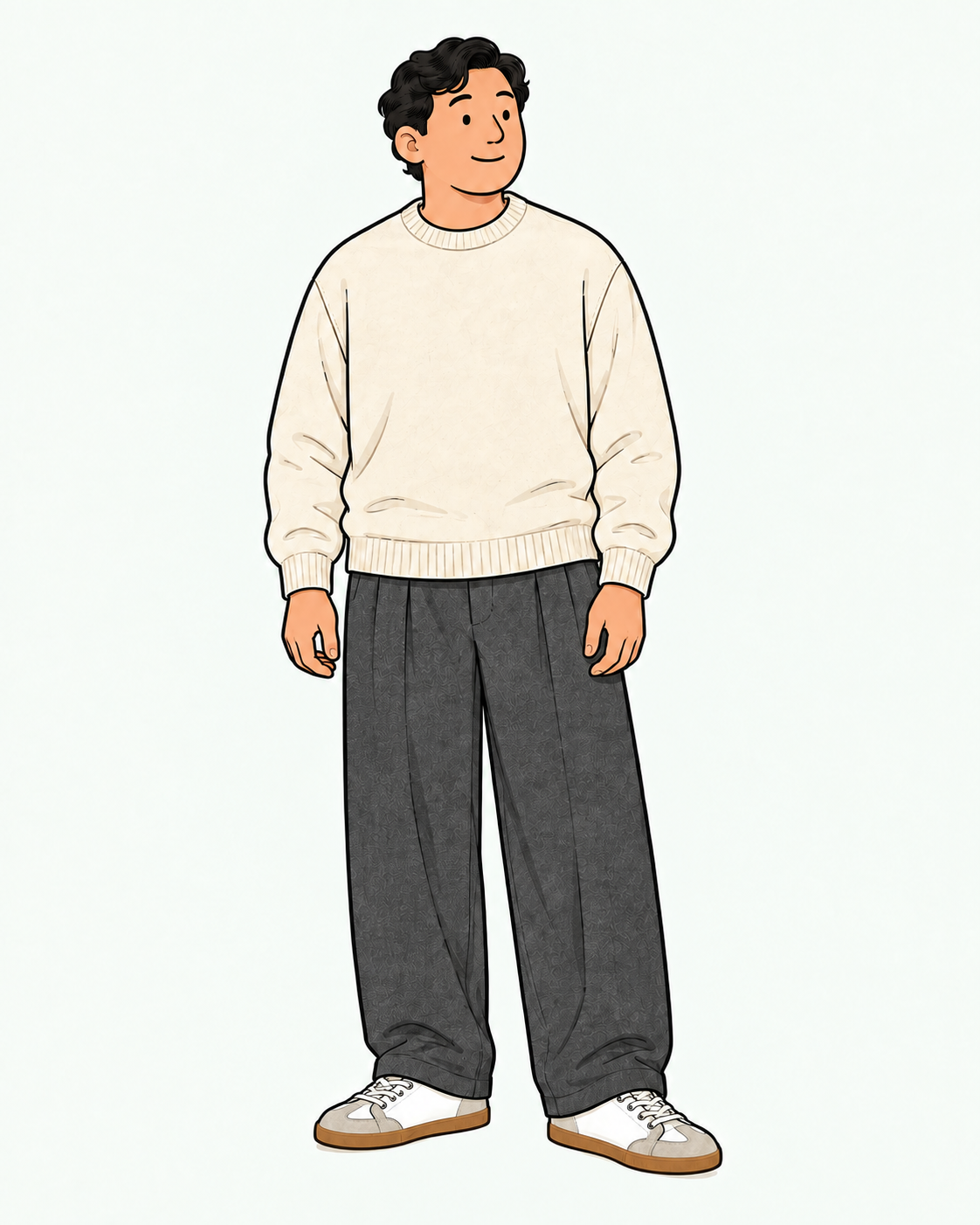 白レザーとグレースエード、ガムソールのジャーマントレーナーをワイドパンツに合わせた全身イラスト。