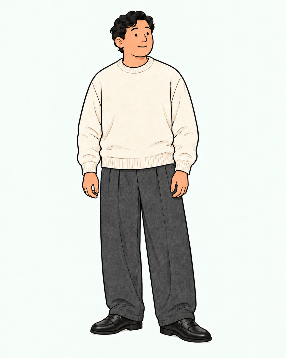 黒ローファーと暗いグレーの靴下を同じワイドパンツに合わせた全身イラスト。